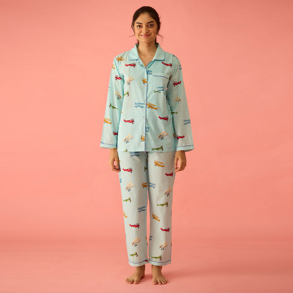 Women Vintage Planes Sky Blue Pima Pajama Set