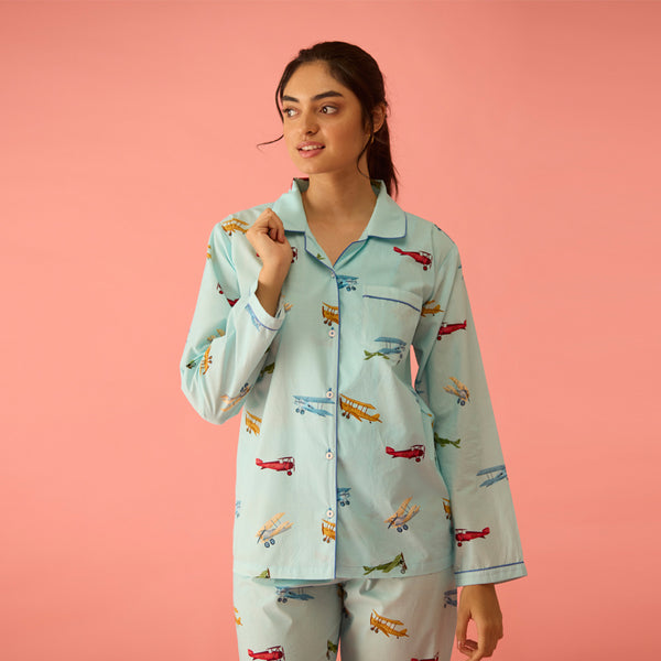 Women Vintage Planes Sky Blue Pima Pajama Set