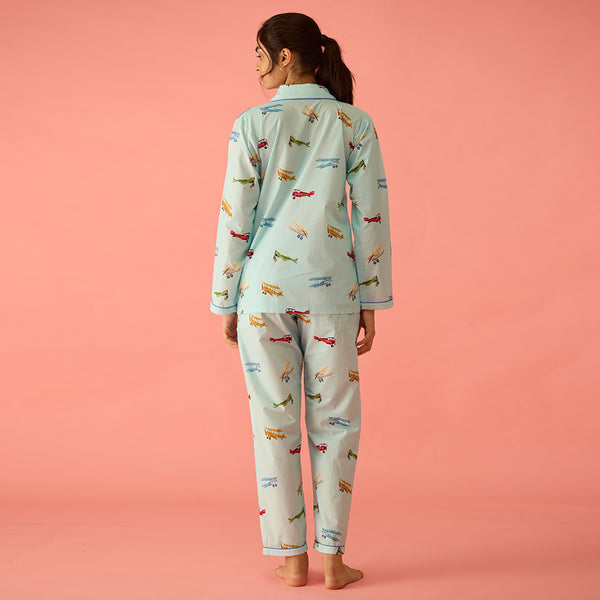 Women Vintage Planes Sky Blue Pima Pajama Set