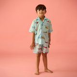 Vintage Planes Sky Blue Pima Shorts Set For Kids