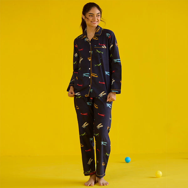 Women Vintage Planes Navy Pima Pajama Set