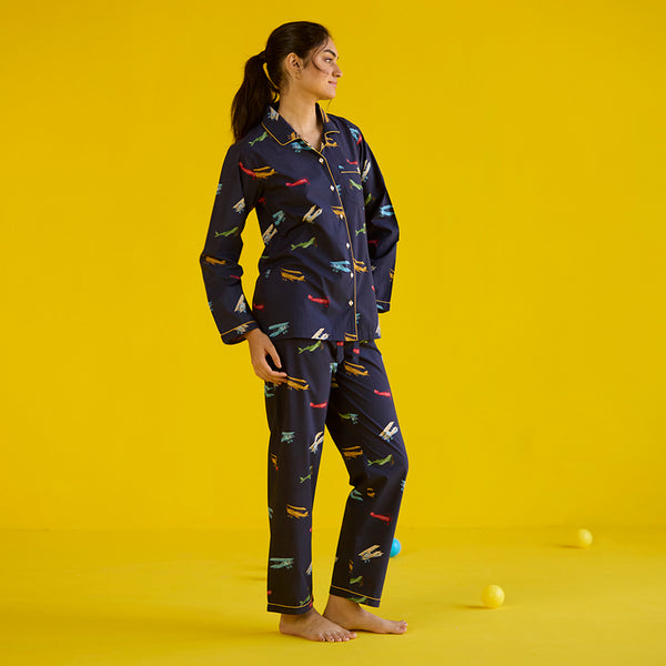 Women Vintage Planes Navy Pima Pajama Set