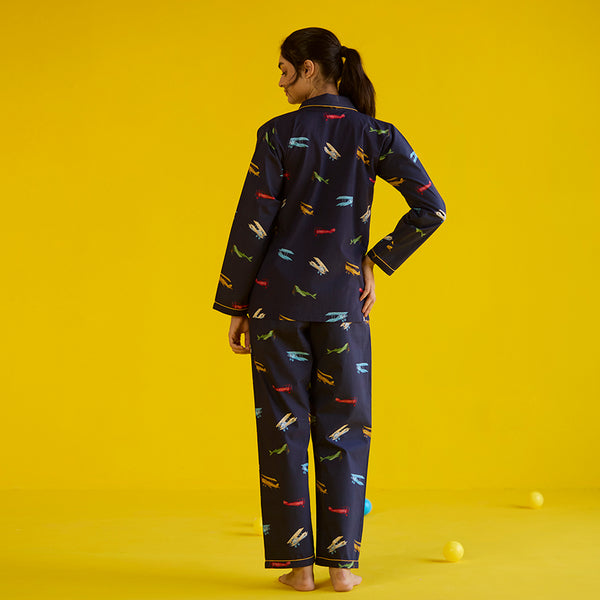 Women Vintage Planes Navy Pima Pajama Set