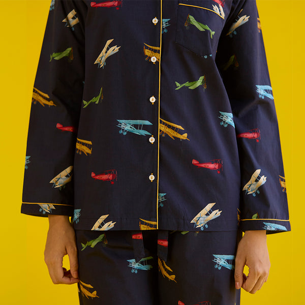 Women Vintage Planes Navy Pima Pajama Set