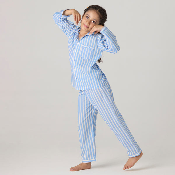 Azure Striped Pima Pajama Set For Kids