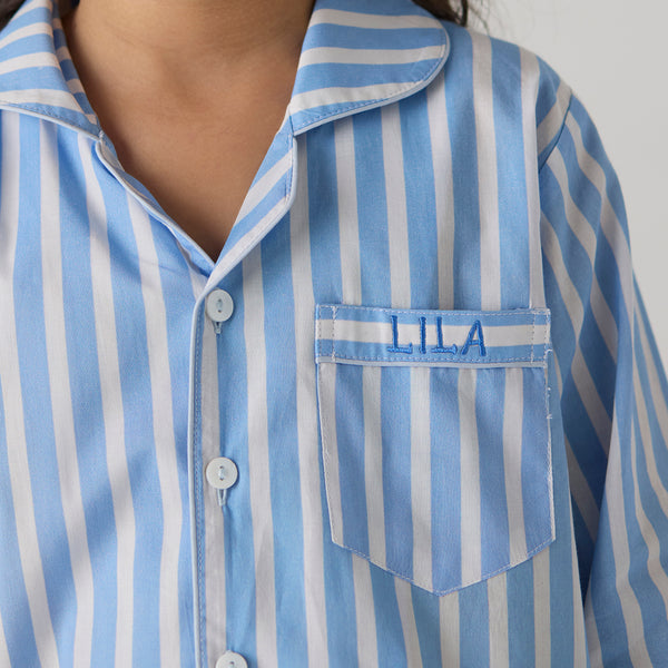 Azure Striped Pima Pajama Set For Kids