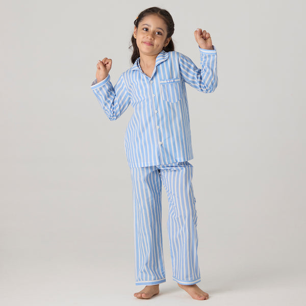 Azure Striped Pima Pajama Set For Kids