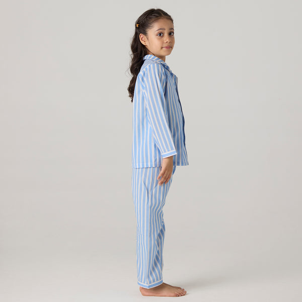 Azure Striped Pima Pajama Set For Kids