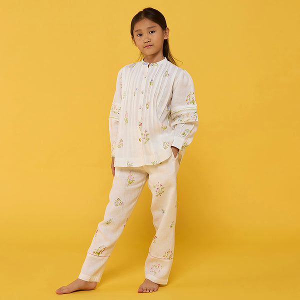 Akavi Pleated Floral Linen Co-ord Set - White