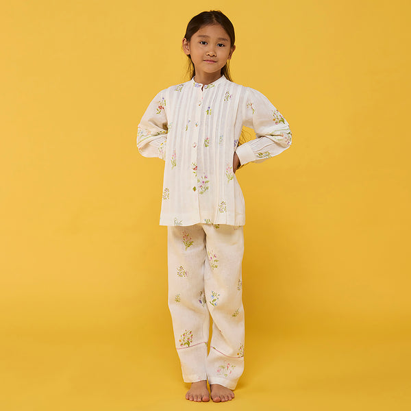 Akavi Pleated Floral Linen Co-ord Set - White