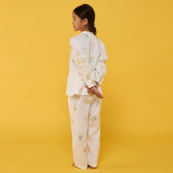 Akavi Pleated Floral Linen Co-ord Set - White