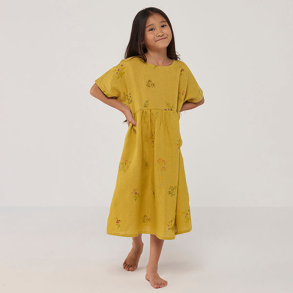 Rasa Floral Printed  Linen Dress - Ochre
