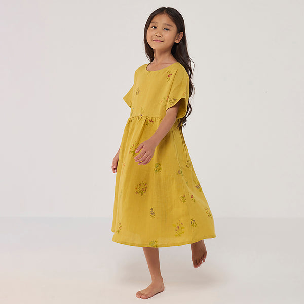 Rasa Floral Printed  Linen Dress - Ochre