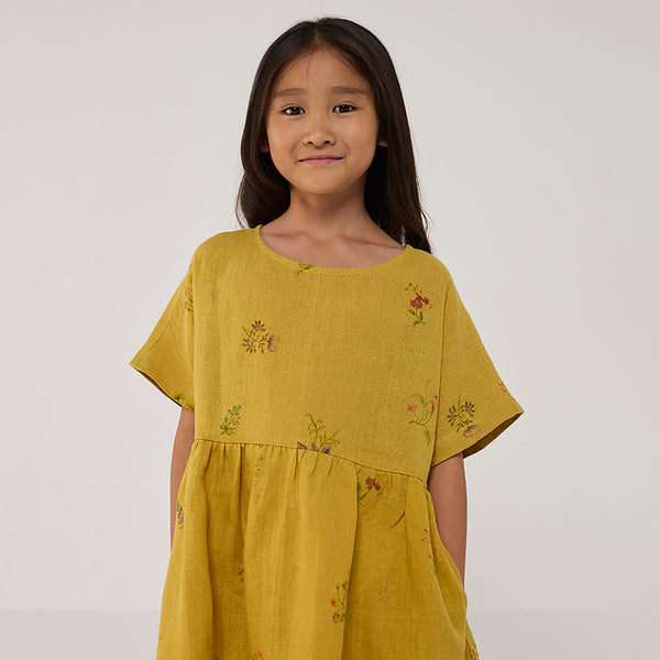 Rasa Floral Printed  Linen Dress - Ochre