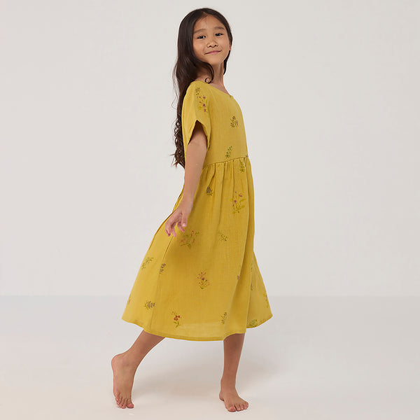 Rasa Floral Printed  Linen Dress - Ochre