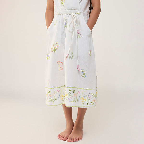 Mema Shawl Printed Collar Linen Dress - White