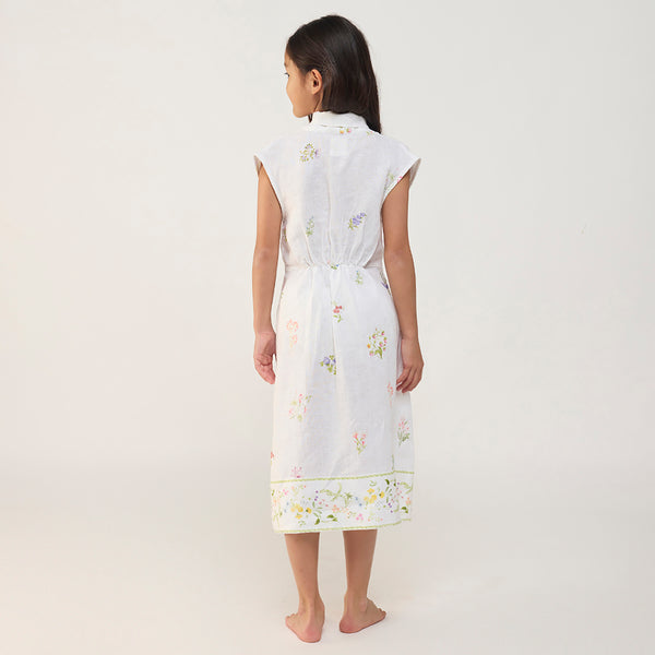 Mema Shawl Printed Collar Linen Dress - White