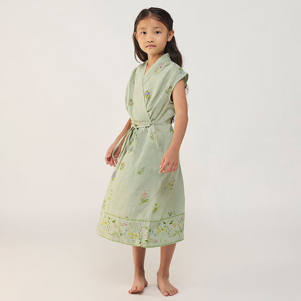 Mema Shawl Printed Collar Linen Dress - Mint