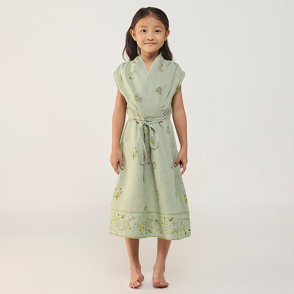 Mema Shawl Printed Collar Linen Dress - Mint