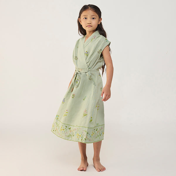 Mema Shawl Printed Collar Linen Dress - Mint