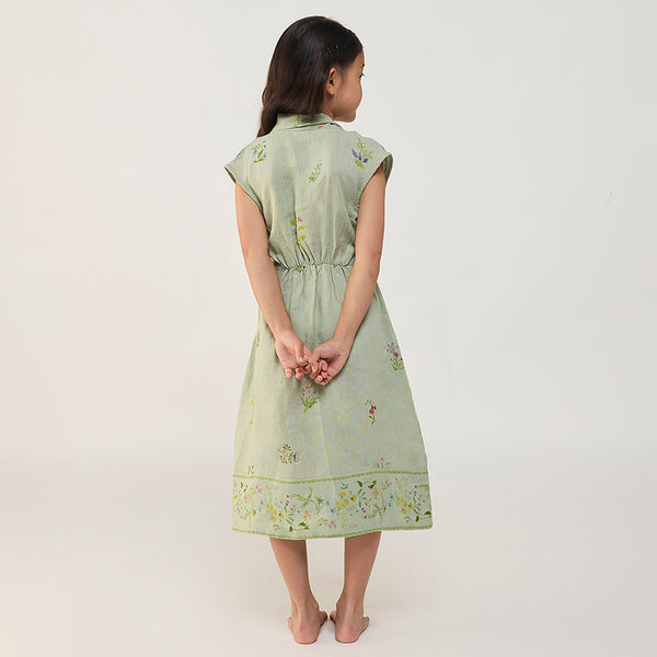 Mema Shawl Printed Collar Linen Dress - Mint