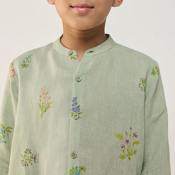 Akio Floral Linen Shirt - Mint