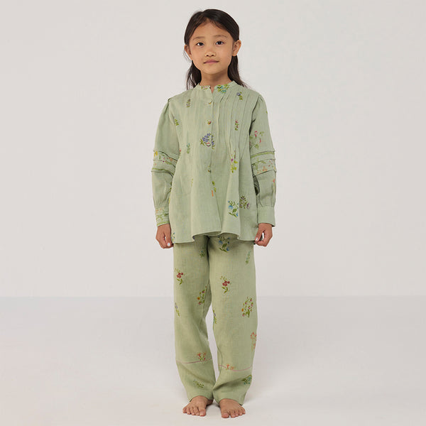 Akavi Pleated Floral Linen Shirt - Mint