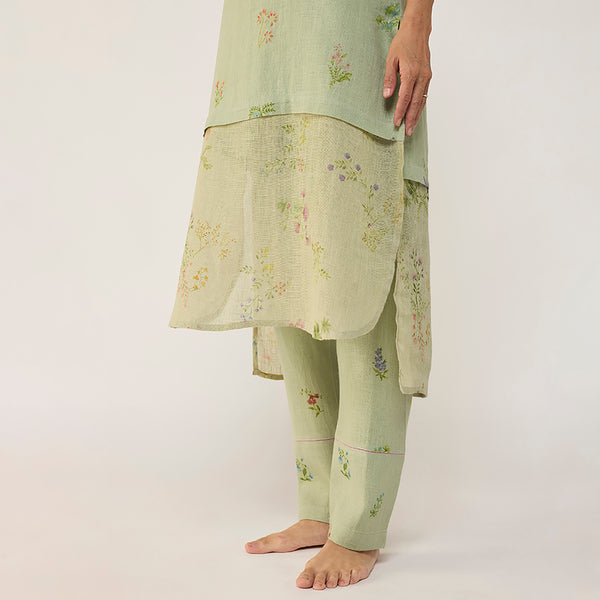 Aneya Patchwork Floral Linen Kurta Set - Mint