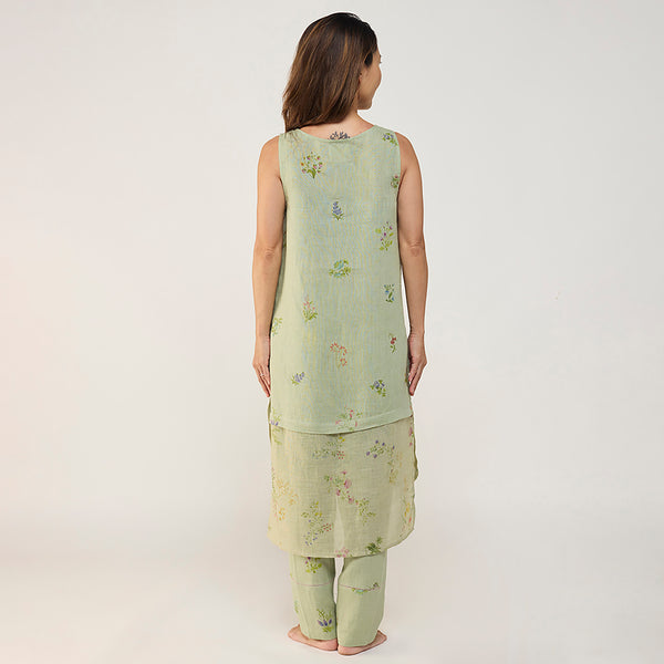 Aneya Patchwork Floral Linen Kurta Set - Mint