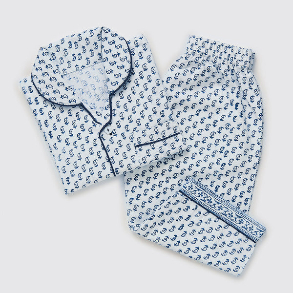 Jade Blockprint Pajama Set For Kids (Indigo)