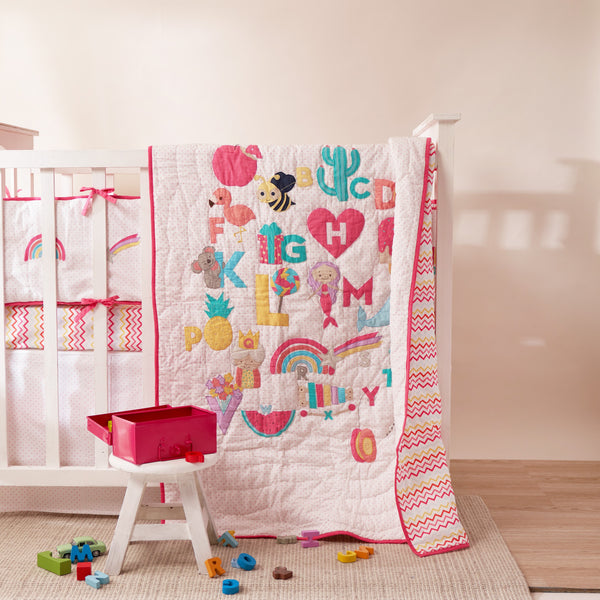 Alphabets Pink Complete Crib Bedding Set (With Bumper)