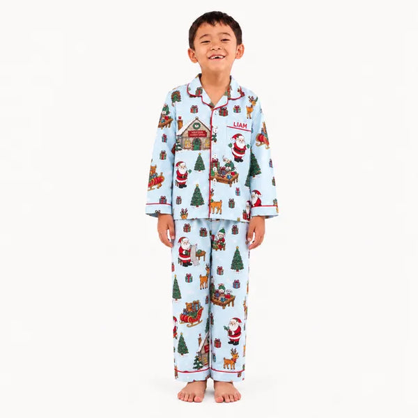 Blue Santa's Workshop Pajama Set For Kids