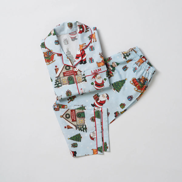 Men Blue Santa's Workshop Pajama Set