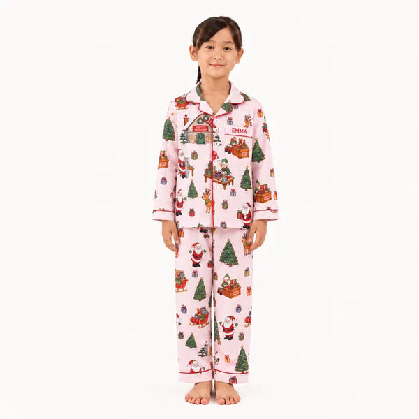 Pink Santa's Workshop Pajama Set For Kids
