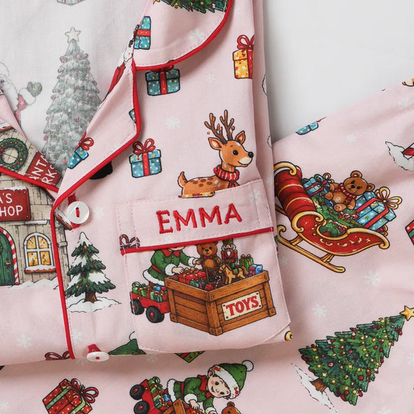 Pink Santa's Workshop Pajama Set For Kids