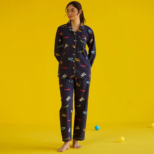 Women Vintage Planes Navy Pima Pajama Set