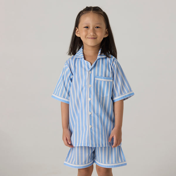Azure Striped Pima Shorts Set For Kids