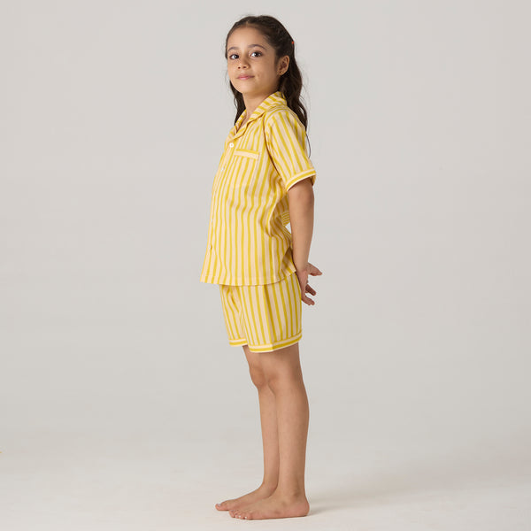 Lemon Striped Pima Shorts Set For Kids