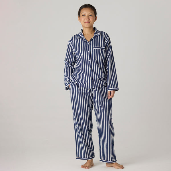 Women Navy Bold Striped Pima Pajama Set