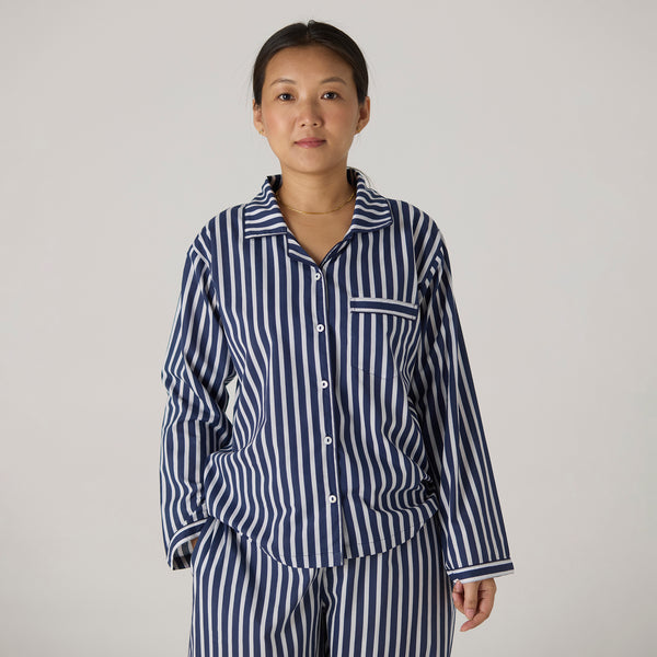 Women Navy Bold Striped Pima Pajama Set