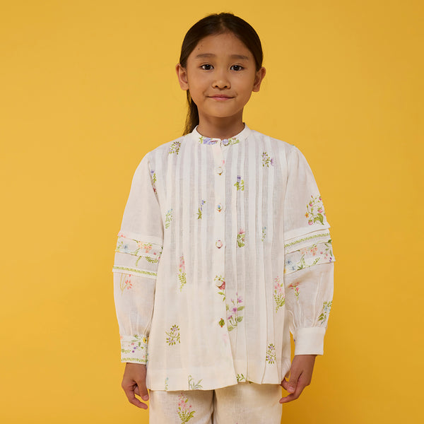 Akavi Pleated Floral Linen Co-ord Set - White