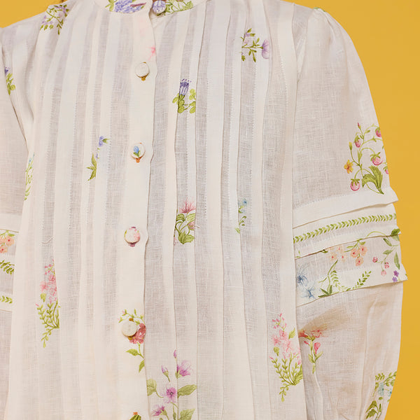 Akavi Pleated Floral Linen Co-ord Set - White
