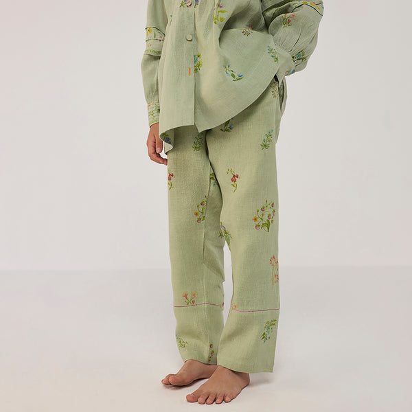 Akavi Pleated Floral Linen Co-ord Set - Mint