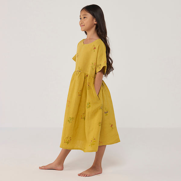 Rasa Floral Printed  Linen Dress - Ochre