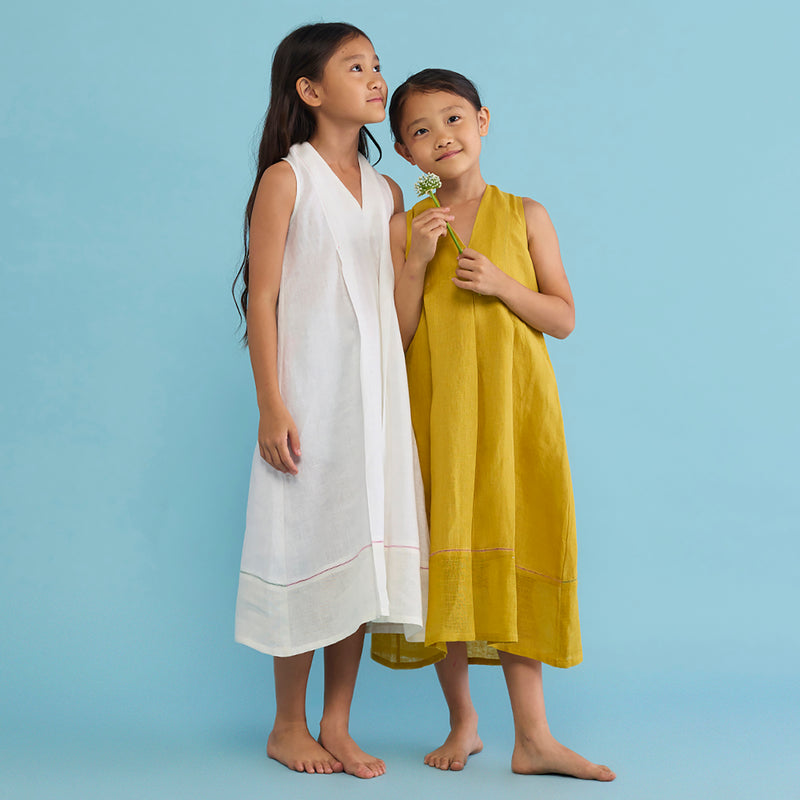 ochre linen dress Uniko Pleated Floral Linen Dress