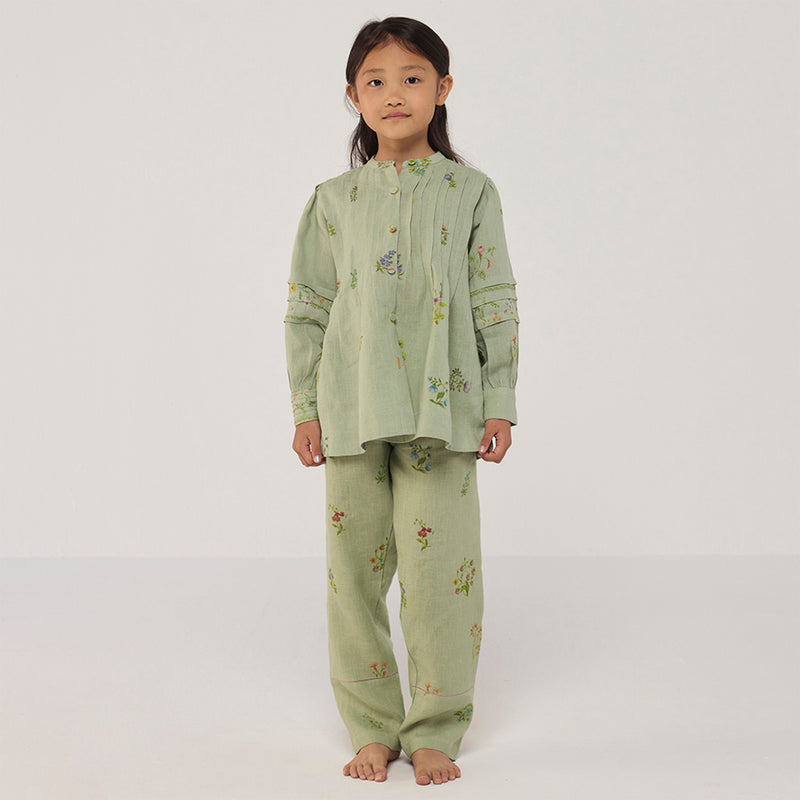 Akavi Pleated Floral Linen Shirt - Mint