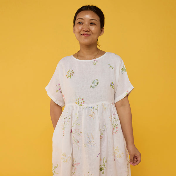 Rasa Floral Printed Sheer Linen Dress - White