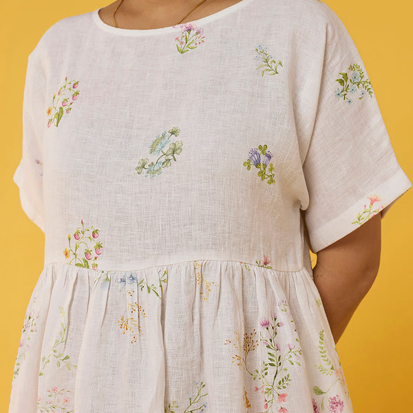 Rasa Floral Printed Sheer Linen Dress - White