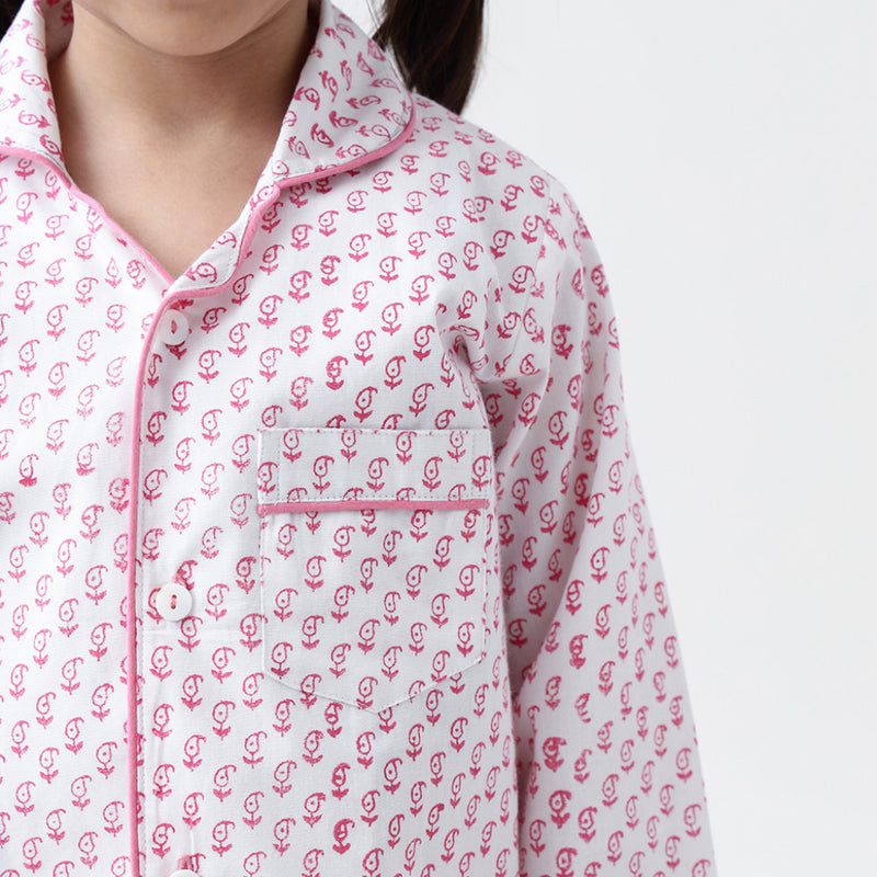 Jade Blockprint Pajama Set For Kids (Pink)