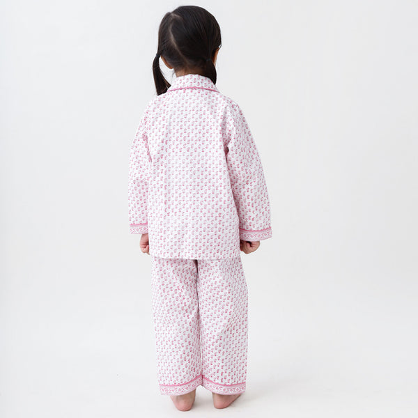 Jade Blockprint Pajama Set For Kids (Pink)